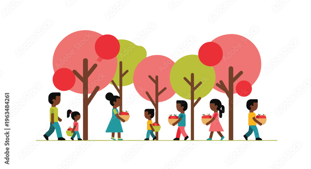 Fototapeta premium Happy diverse family and children picking apples in an autumn orchard, enjoying harvest season together. Flat vector illustration.