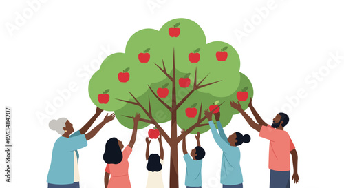 Diverse family and community members joyfully harvesting ripe red apples from a bountiful tree, illustrating teamwork, sharing, and generational connection.