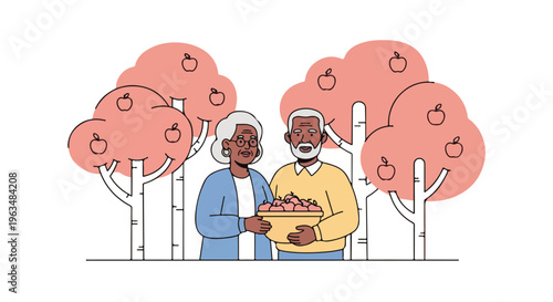 Happy senior African American couple harvesting fresh apples in their autumn orchard, enjoying healthy organic produce and a sustainable lifestyle together.