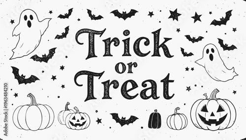 Black and white Halloween ghosts pumpkins.