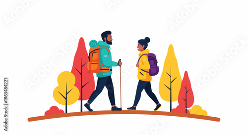 Happy couple hiking in vibrant autumn nature, carrying backpacks and using trekking poles for an outdoor adventure and healthy lifestyle.
