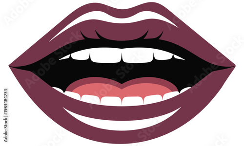 Vector graphic illustration of a smiling mouth with heart shaped tongue and purple lips