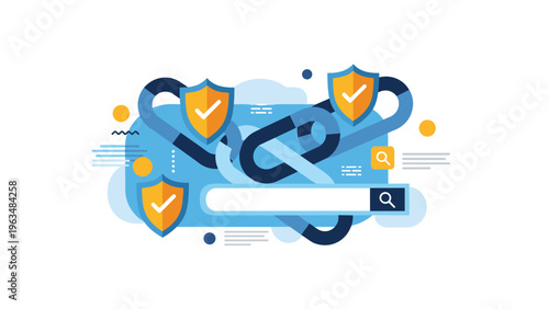 Search bar surrounded by interlinked chains and protective orange shields with checkmarks, representing secure link building and SEO.