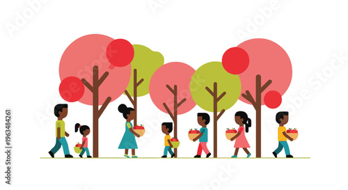 Happy diverse family and children picking apples in an autumn orchard, enjoying harvest season together. Flat vector illustration.