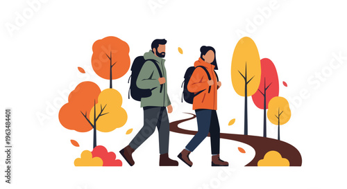 Autumn hike illustration: A happy couple with backpacks walks through a vibrant fall forest on a winding path, enjoying nature and colorful foliage.