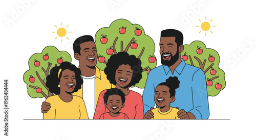 Happy Black Family Laughing Together Outdoors with Apple Trees and Sunshine