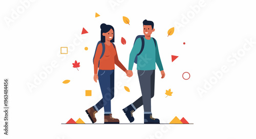 Cheerful couple with backpacks on an autumn stroll, holding hands and surrounded by colorful fall leaves, perfect for seasonal travel.