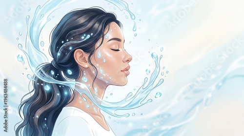Woman with glowing skin and splashing water. Cosmetology and skincare concept for beauty facial treatment. Hydration therapy for healthy face skin. Wellbeing refreshment and purity.