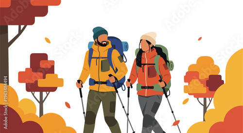 Couple hiking in autumn forest with colorful trees and falling leaves, enjoying outdoor activity and nature