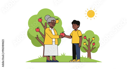Elderly woman gives an apple to a young boy in an orchard with trees and sunshine, symbolizing sharing and kindness