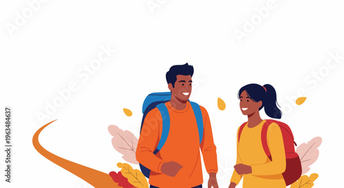 Happy couple with backpacks walking on a path, enjoying an outdoor adventure and travel together