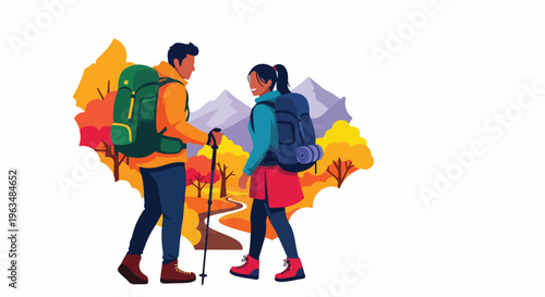 Couple hiking in autumn with backpacks and trekking poles, surrounded by fall foliage and mountains