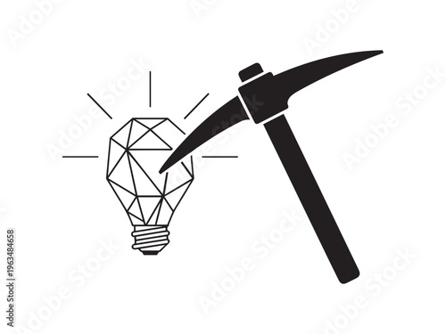 Pickaxe striking a faceted diamond light bulb, symbolizing mining for ideas and innovation