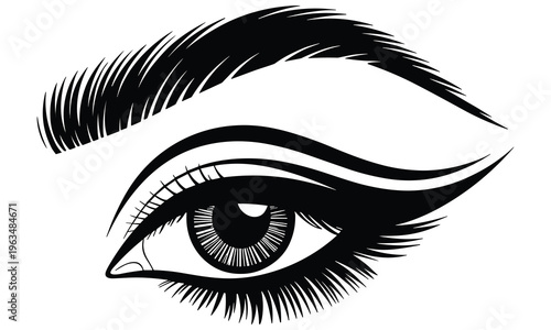 Detailed vector illustration of a human eye with thick eyeliner and long eyelashes and eyebrow