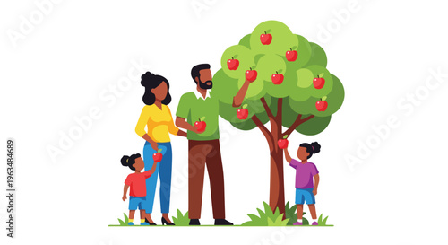 Happy family picking apples from a tree in an orchard during autumn, celebrating harvest season