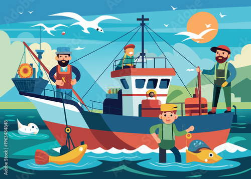 Cartoon fishing ship with vessel on water