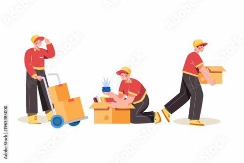 Flat Illustration Delivery Man Courier with Trolley and Box Character