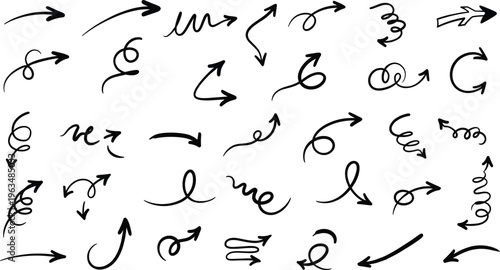 Hand Drawn Doodle Arrow Set Featuring Curvy Sketched Pointers and Swirly Directional Symbols Isolated on White Background for Creative Graphic Design