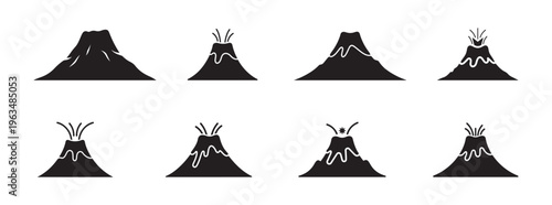 Set of eight black volcano icons with smoke and lava, isolated on white background, simple graphic design, danger sign