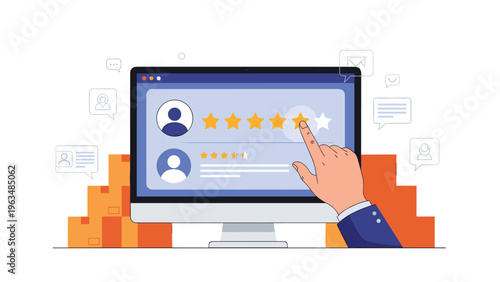 Hand clicking a five-star rating on a monitor screen for customer feedback or product review, with delivery boxes in the background.