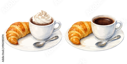 Watercolor hot chocolate and croissant illustration, breakfast set with pastry and cup on plate isolated on white background