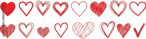 Hand Drawn Red Heart Vector Set Featuring Sketched Scribble Love Symbols and Check Mark Isolated on White Background for Romantic Design