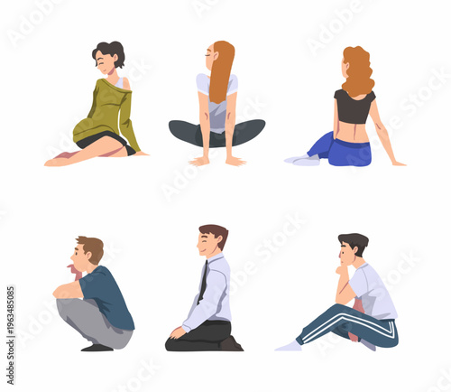Minimalist Flat Illustration People Sitting and Squatting Relaxing Poses Characters