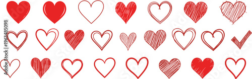 Hand Drawn Red Heart Vector Set Featuring Sketched Scribble Love Symbols Isolated on White Background for Romantic Valentine Day Design