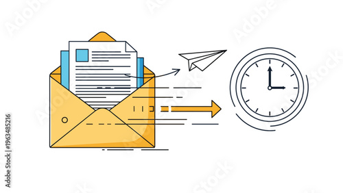 Open yellow envelope with a document being sent towards a clock, representing fast email delivery or time-sensitive mail services.