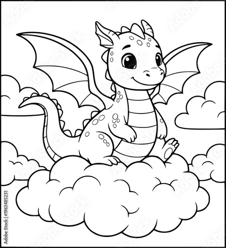 Dragon coloring page for children showing a cute mythical beast in a garden