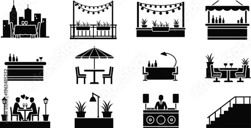 Restaurant and Nightlife Silhouette Icon Set Featuring Rooftop Dining Bars DJ Booth Terrace Seating and Romantic Couple For Urban Lifestyle Graphics