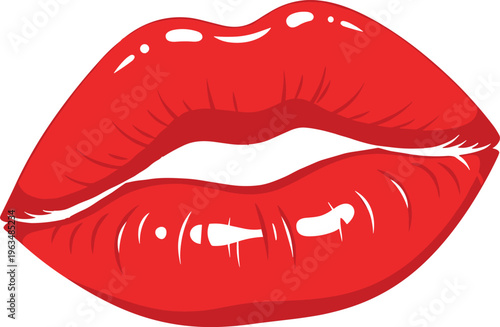 Sexy Red Glossy Lips Vector Illustration of Mouth with Shiny Lipstick Isolated on White Background for Beauty and Fashion Design