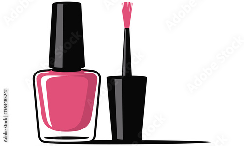 Pink nail polish bottle and brush vector graphic illustration