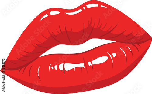 Sexy Red Glossy Lips Vector Illustration of Woman Mouth with Shiny Lipstick Isolated on White Background for Beauty and Fashion