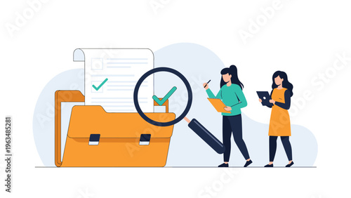 Two women inspecting a document inside a folder with a magnifying glass and checkmarks, illustrating an audit or quality control process.