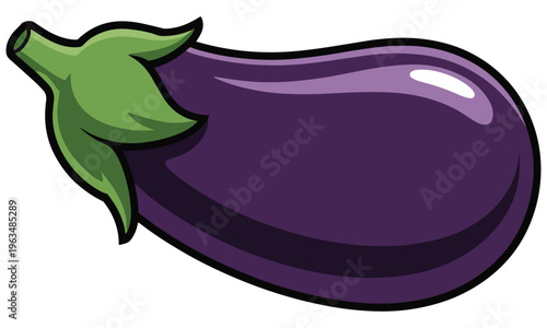 Vector graphic illustration of a shiny purple eggplant with green leaves