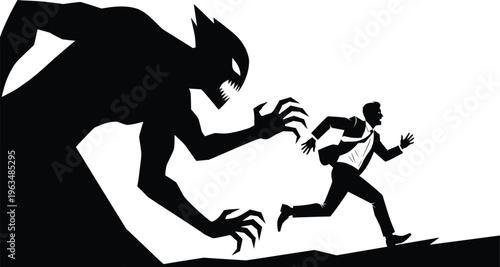 Silhouette of a businessman running away from a giant scary monster shadow, representing work stress, anxiety, fear, and facing challenges.