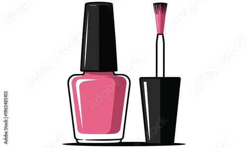 Pink nail polish bottle with black cap and brush