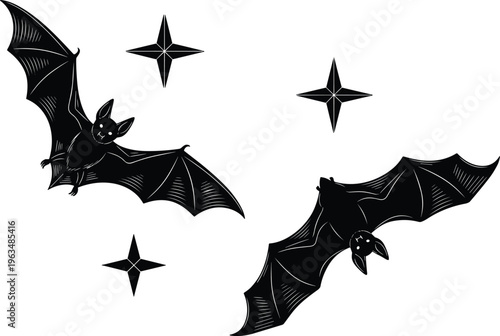 Two Detailed Black Flying Bat Silhouettes with Stars Representing Halloween Night Gothic Aesthetic Spooky Wildlife and Nocturnal Animal Vector Illustration Set