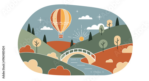 Whimsical landscape with hot air balloon in vibrant colorful illustration for travel brochure
