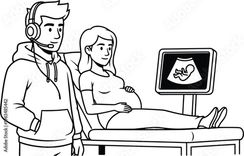 Vector illustration of a gamer father with headset and pregnant wife looking at an ultrasound baby scan on a monitor.