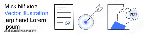 Financial technology, decentralized finance, blockchain, smart contracts, investment, cryptocurrency. Icons of a signed document, a bullseye with an arrow and a hand holding a DEFI coin. Financial