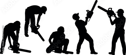 Workers using chainsaw silhouettes set, lumberjack cutting wood, forestry industry and logging activity concept isolated on light background