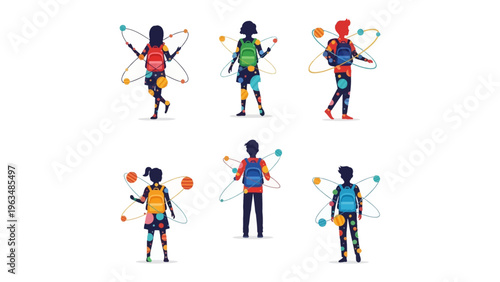 School Kids Concept Illustration: A dynamic illustration portrays school children with atom designs, symbolizing education and knowledge.