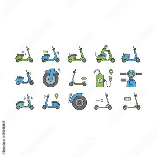 Eco-friendly electric scooter and transport icon set