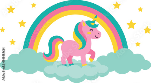 Cute pink unicorn standing on clouds under bright colorful rainbow.