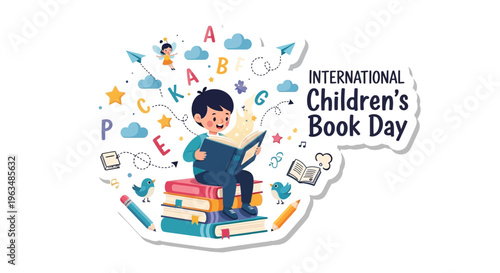 International Children's Book Day Cute Magical Reading Sticker Vector Illustration