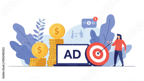 Online advertising concept with a laptop displaying 'AD' and a woman aiming an arrow at a target surrounded by stacks of gold coins.