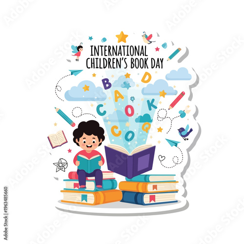 International Children's Book Day Cute Magical Reading Sticker Vector Illustration