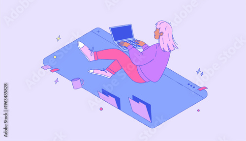 Isometric Flat Illustration Girl Working on a Laptop Sitting on Phone